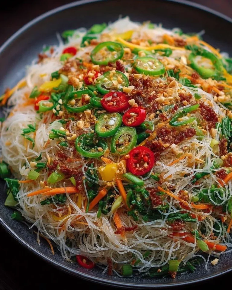 Salade de vermicelli sautée avec légumes croquants et vinaigrette
