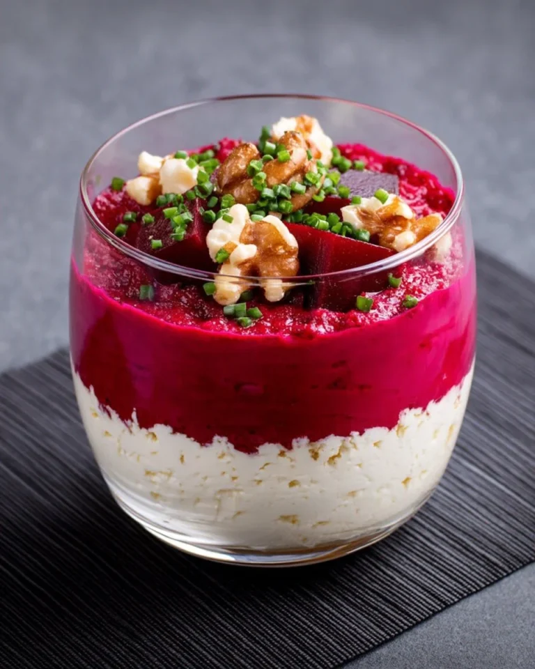Verrine colorée de betterave et chèvre, idéale pour un apéritif élégant.