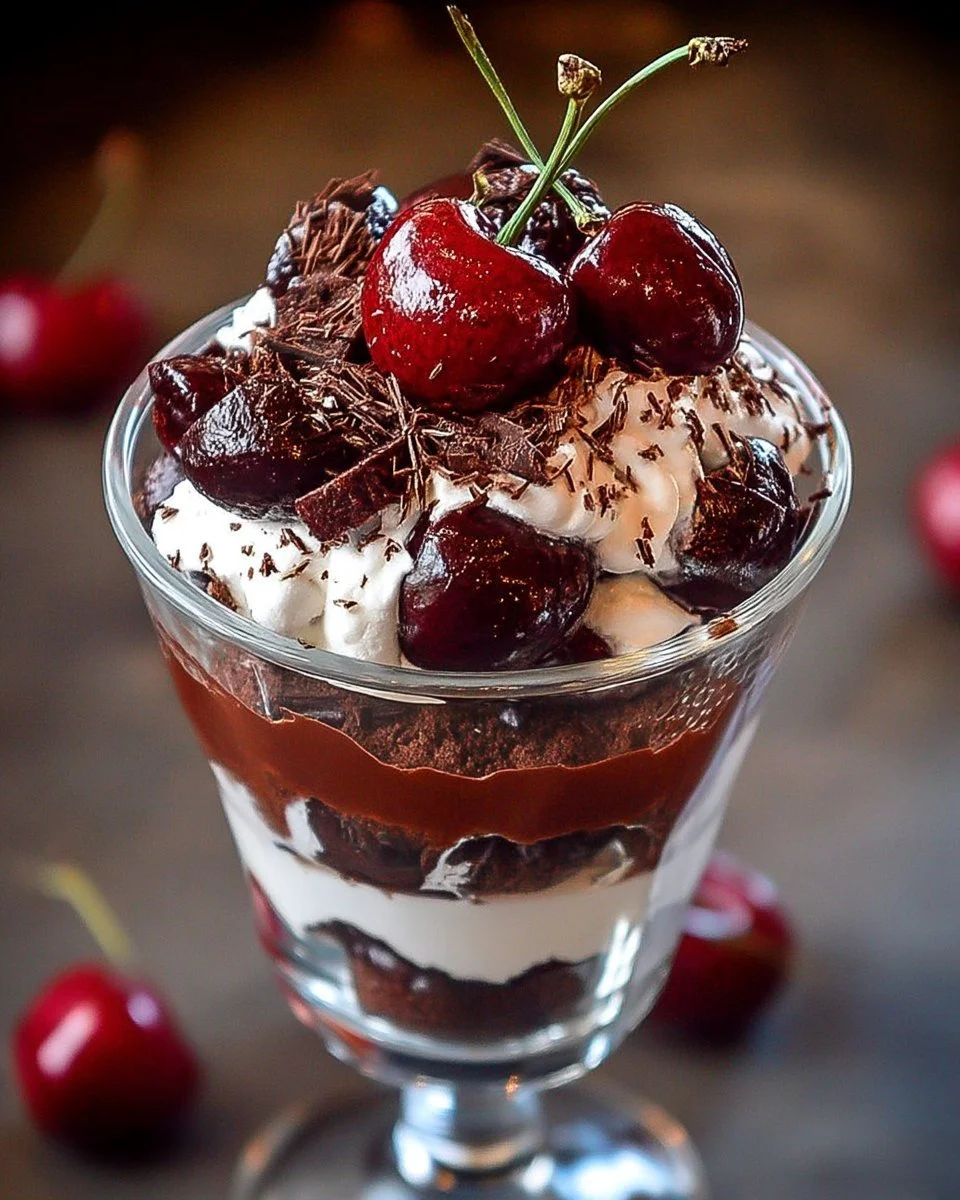 Verrine Forêt-Noire gourmande avec chocolat et cerises