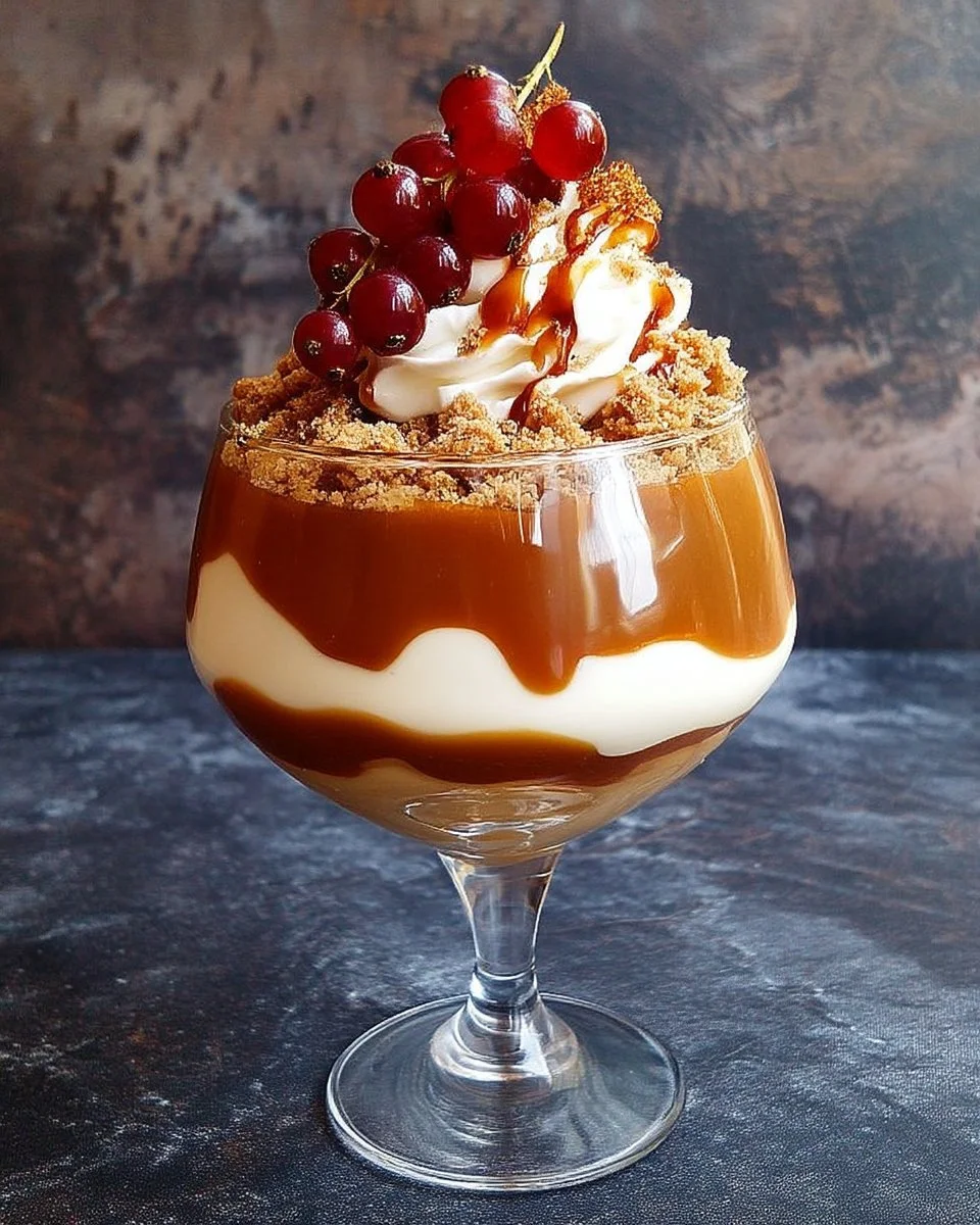Verrine Gourmande au Caramel avec Chantilly et Crumble, un dessert délicieux.