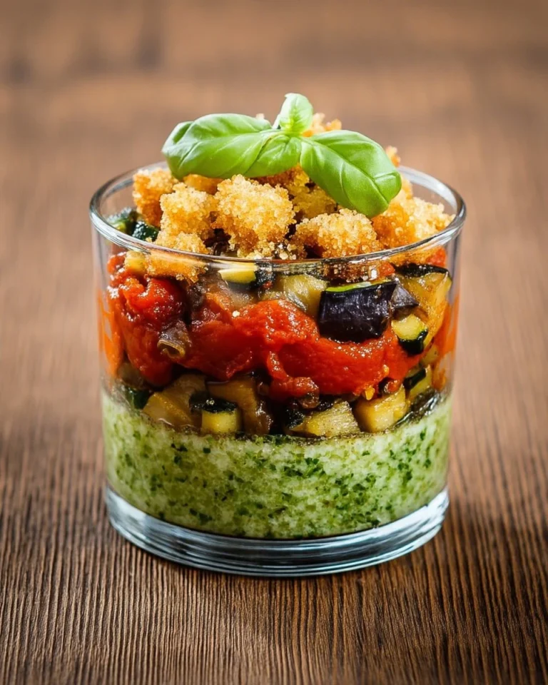Verrine Ratatouille Parmesan colorée et savoureuse, idéale pour vos plats d'été.