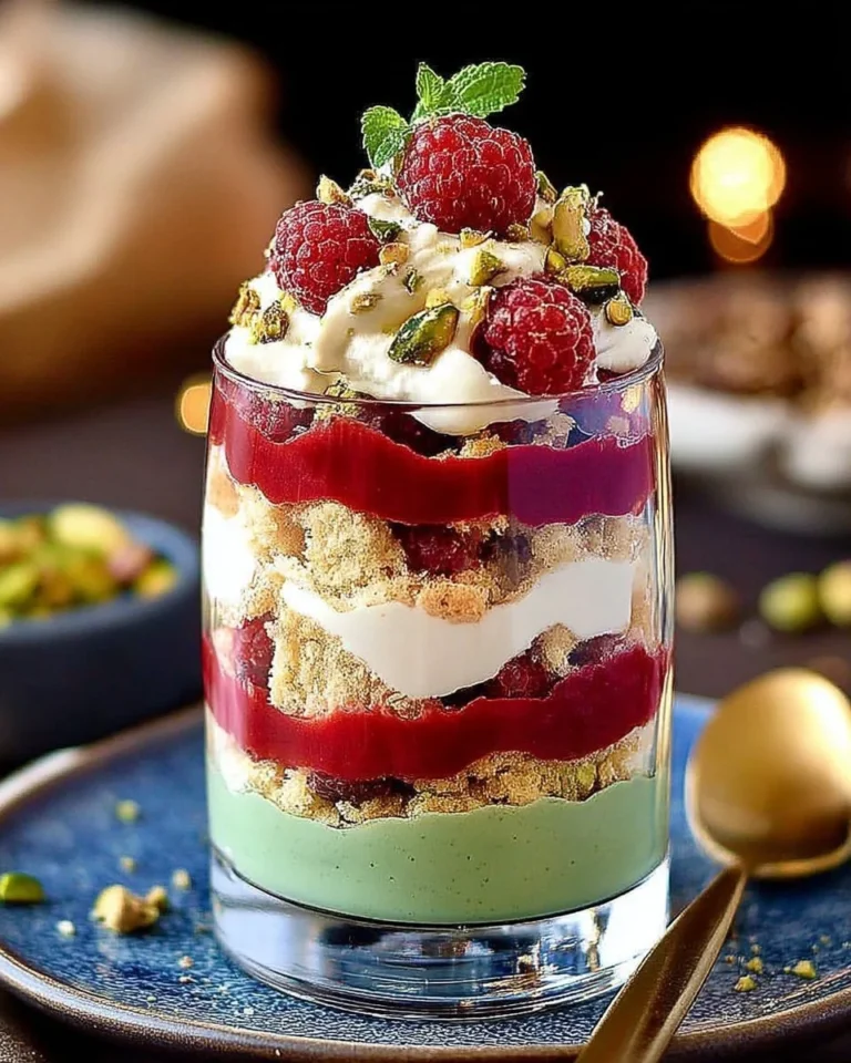 Verrines croquantes pistache-framboise, un dessert appétissant et coloré.