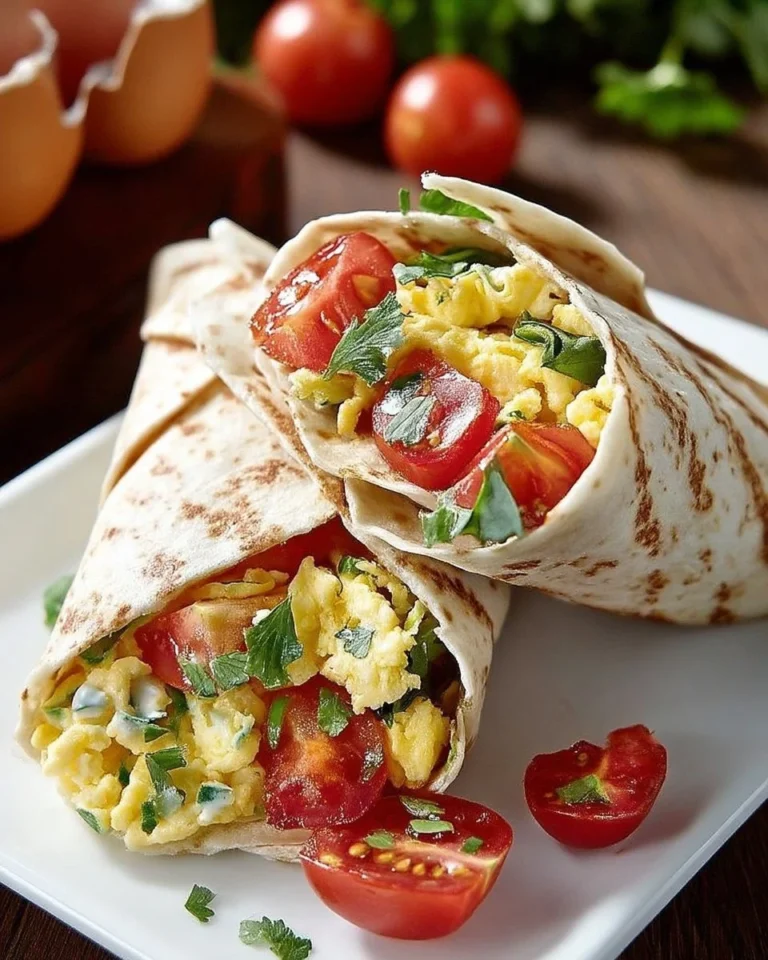 Wraps aux œufs brouillés, tomates et herbes fraîches, plat savoureux et rapide.