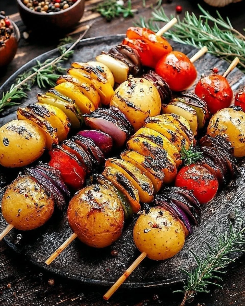 Vegetable skewers served with roasted potatoes