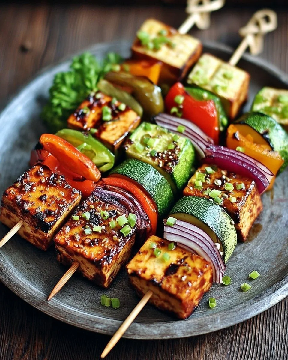 Brochettes de tofu grillé et légumes colorés