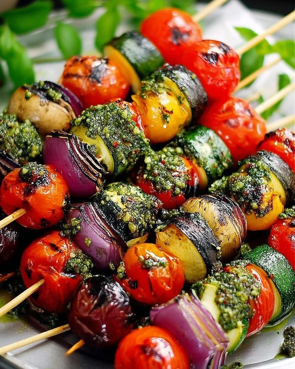 Brochettes de légumes au pesto vert grillé