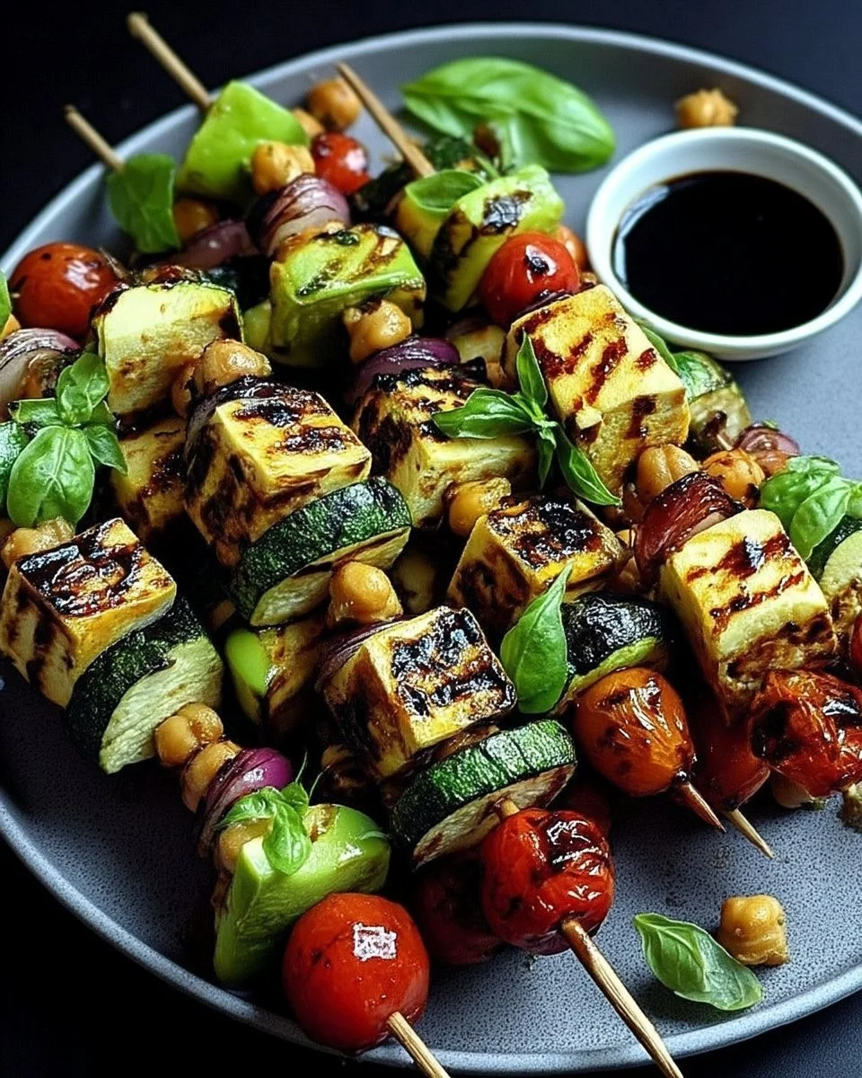 Brochettes de légumes grillés avec tofu et pois chiches