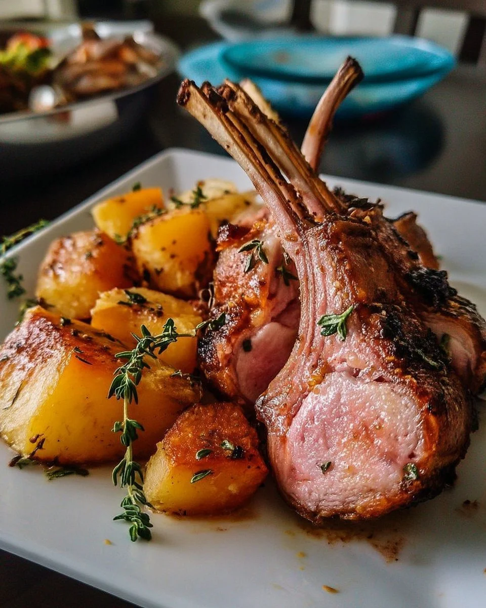 Carré d’agneau rôti au thym et pommes fondantes