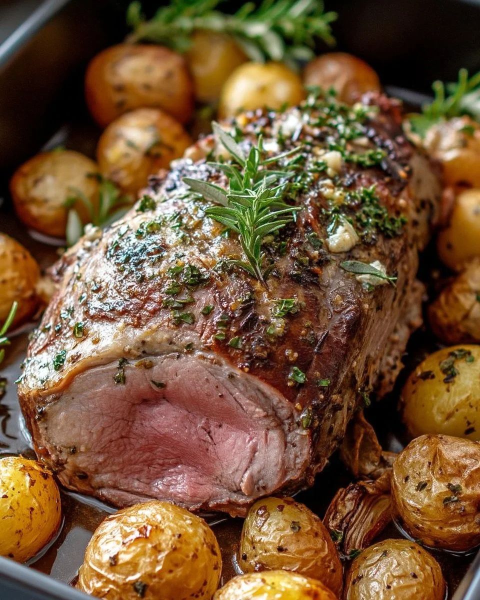 Gigot d'agneau à l'ail et aux herbes avec pommes de terre