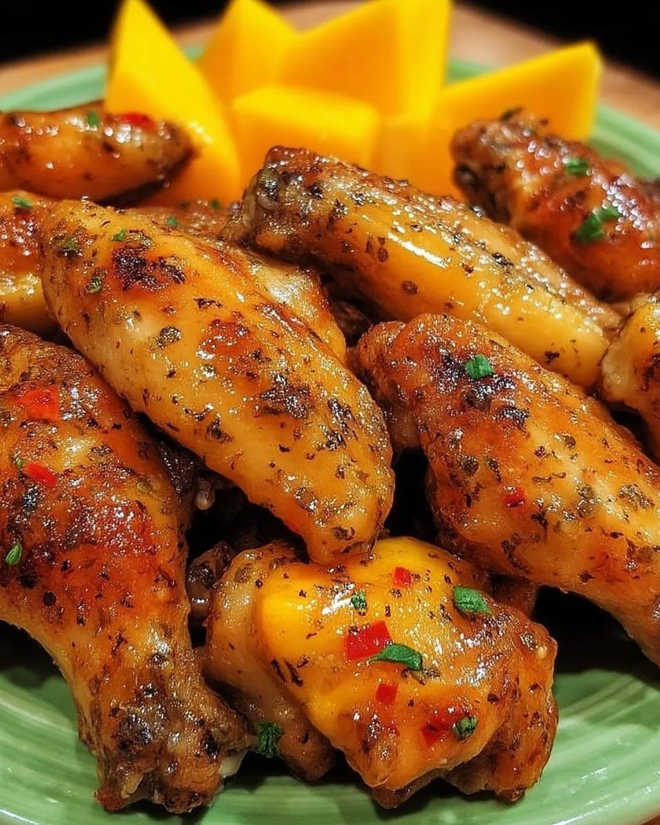 Ailes de poulet au chili et à la mangue prêtes à être dégustées.