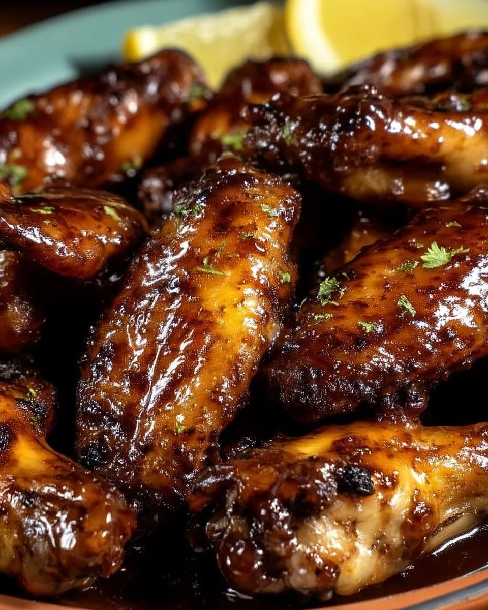 Ailes de poulet au miel avec sauce BBQ dans une assiette appétissante.