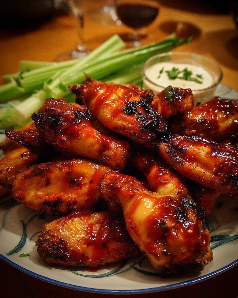 Ailes de poulet au paprika et sauce barbecue sur une assiette garnie.