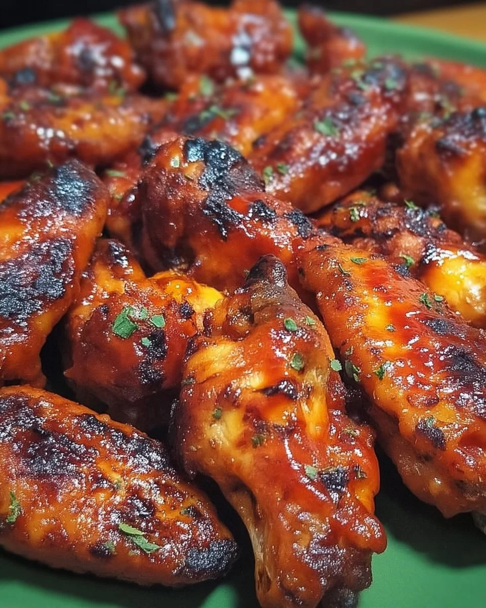 Ailes de poulet délicieusement BBQ fumé prêtes à être dégustées.