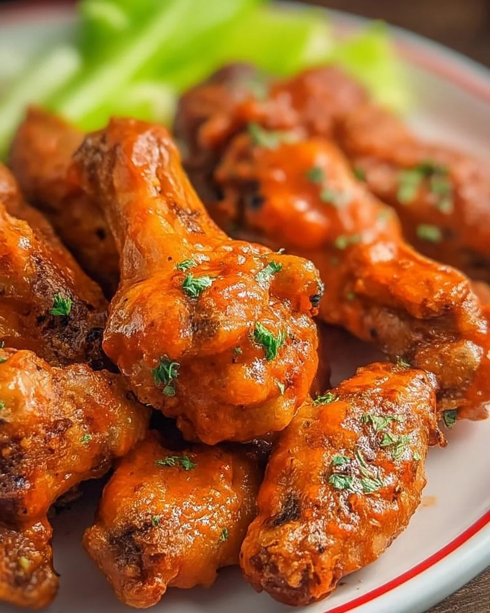 Ailes de poulet Buffalo épicées servies avec une sauce piquante et des légumes croquants.