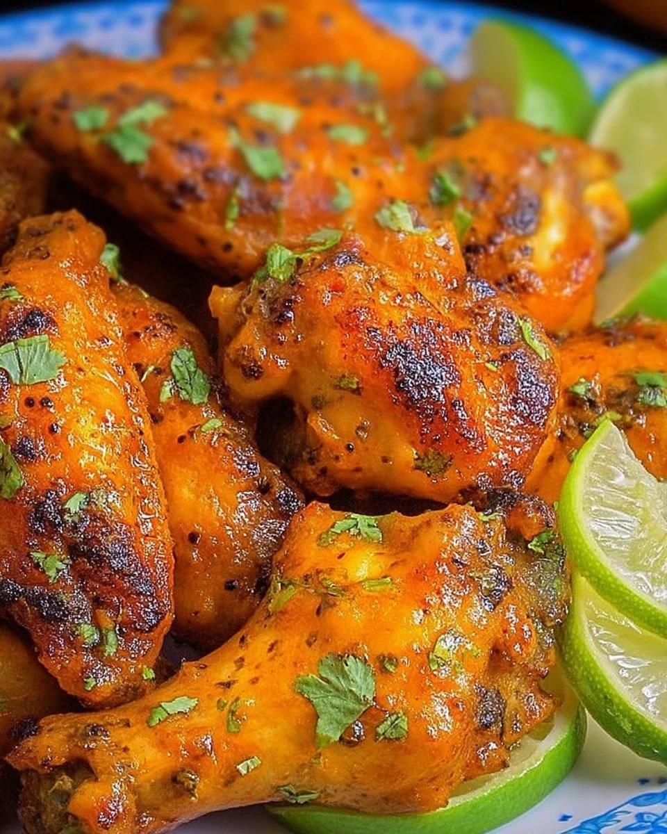 Ailes de poulet pimentées au citron vert servies avec des herbes fraîches