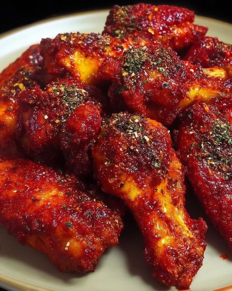 Ailes de poulet ultra épicées servies avec une sauce piquante sur un plat blanc.