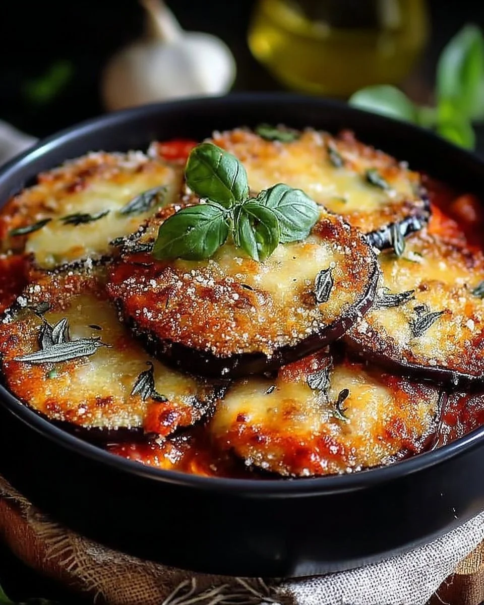 Aubergines Parmigiana gratinées avec sauce tomate et fromage dans un plat en céramique.