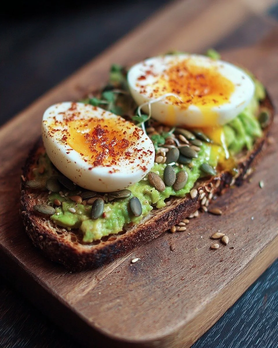 Avocado toast garni d'un œuf mollet et de graines sur une planche en bois.