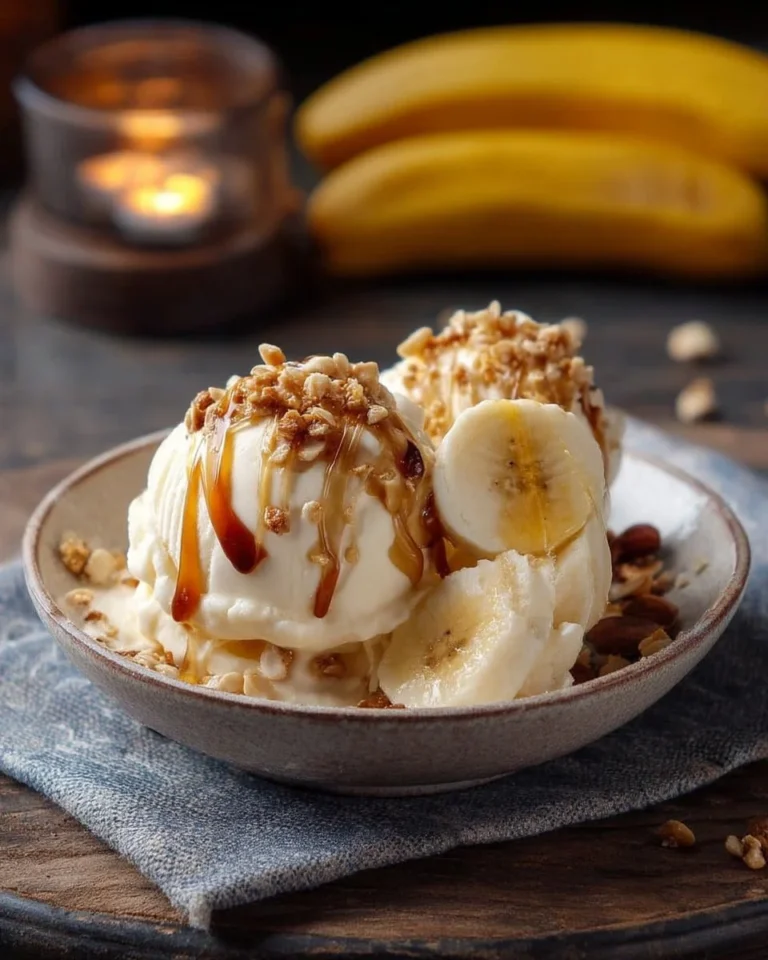 Sundae glacé avec banane, miel et morceaux croquants.