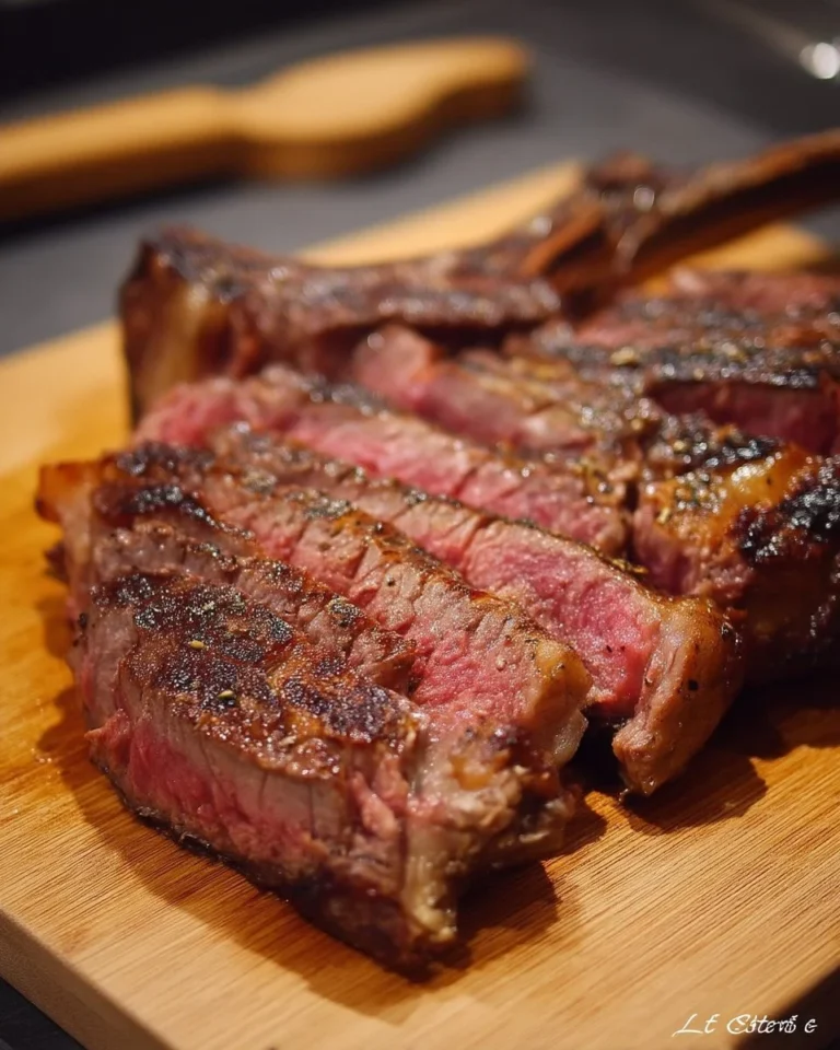 Bifteck Tomahawk grillé avec des herbes et légumes sur une grille.