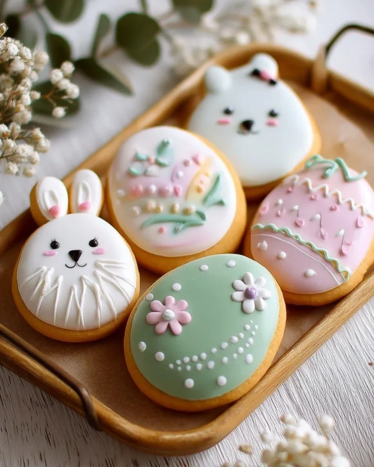 Biscuits sablés de Pâques décorés au glaçage royal coloré.