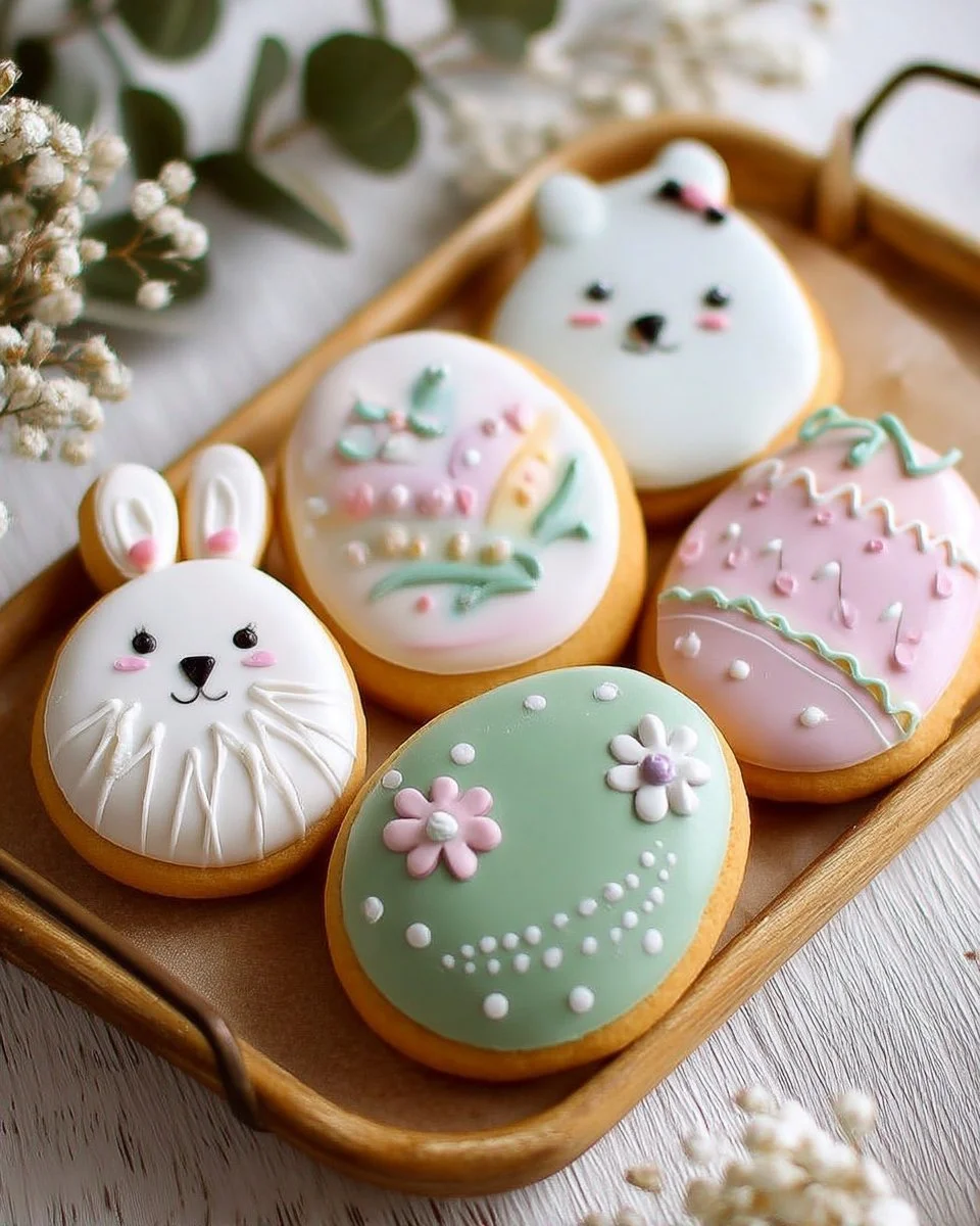 Biscuits sablés de Pâques décorés au glaçage royal coloré.