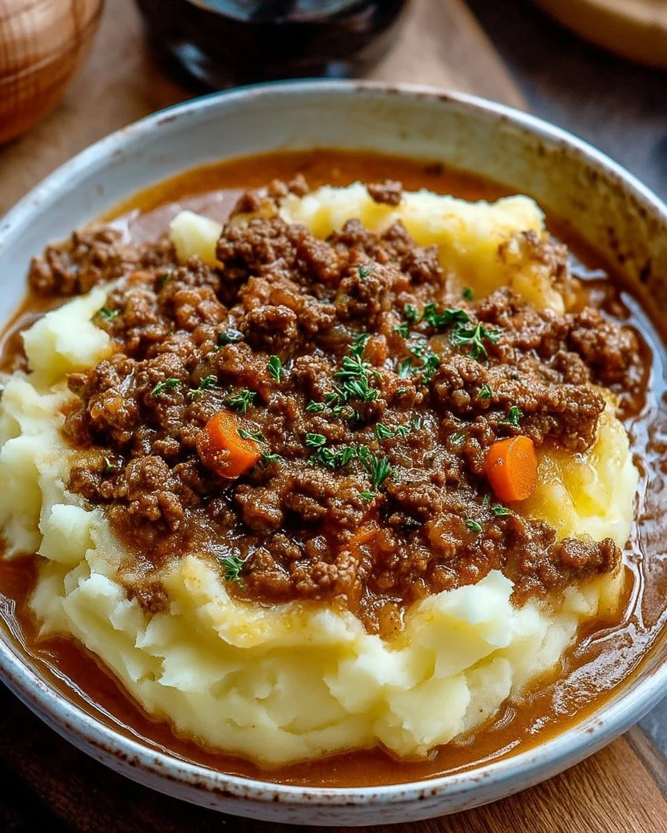 Bœuf haché épicé servi avec purée de pommes de terre moelleuse