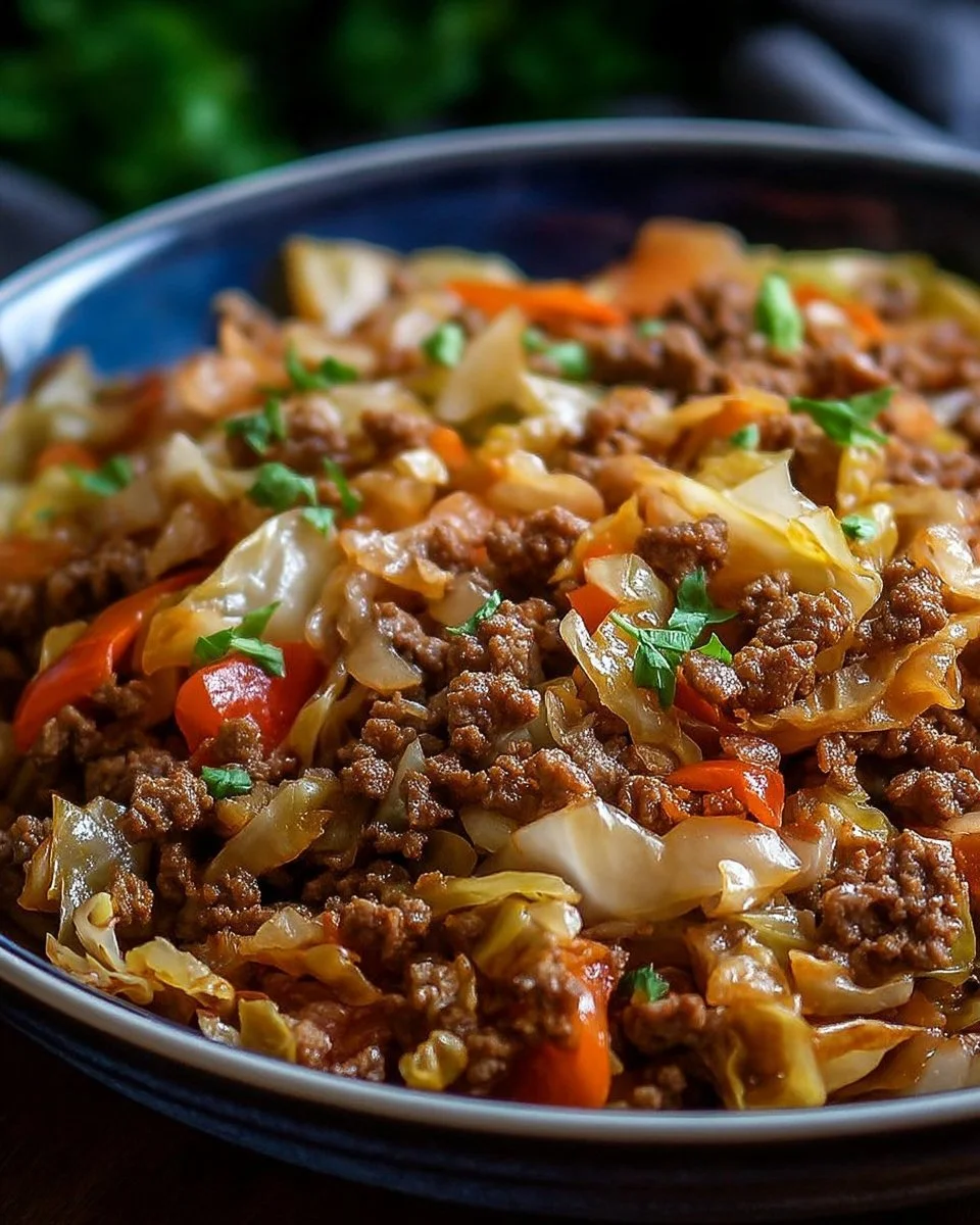 Recette de bœuf haché et chou haché sautés dans une poêle.