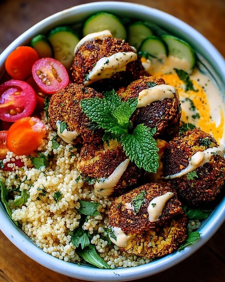 Bol de falafels et couscous garni de légumes frais