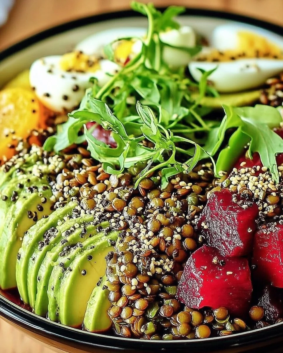 Bol de lentilles avec avocat frais et garnitures saines