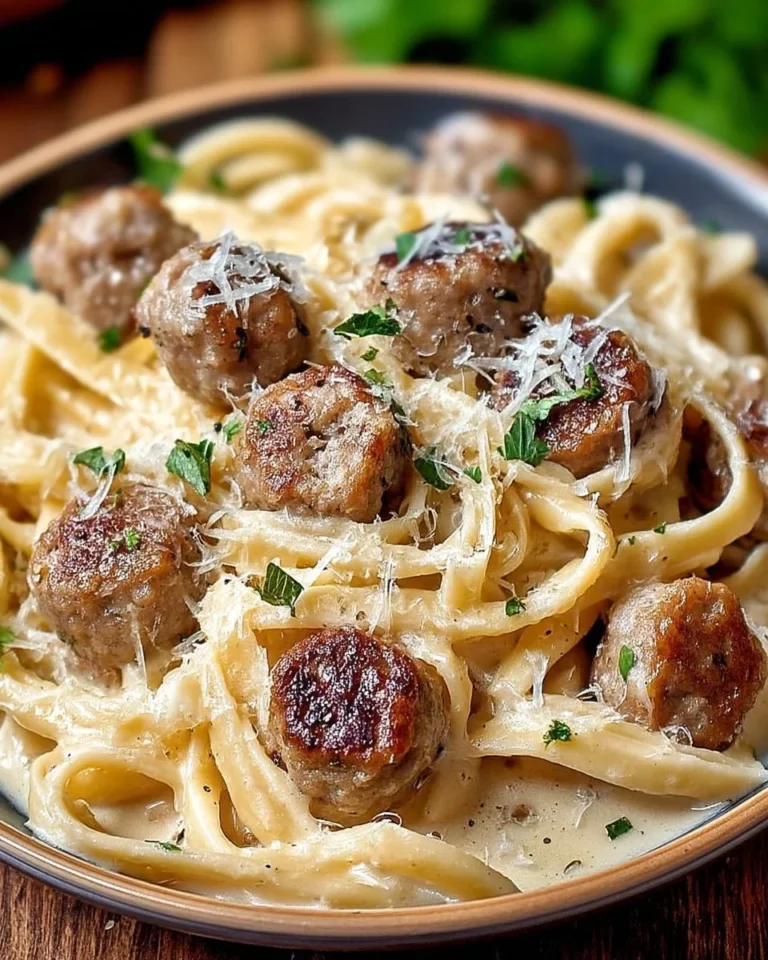 Bouchées de saucisses au beurre à l'ail avec pâtes crémeuses au parmesan