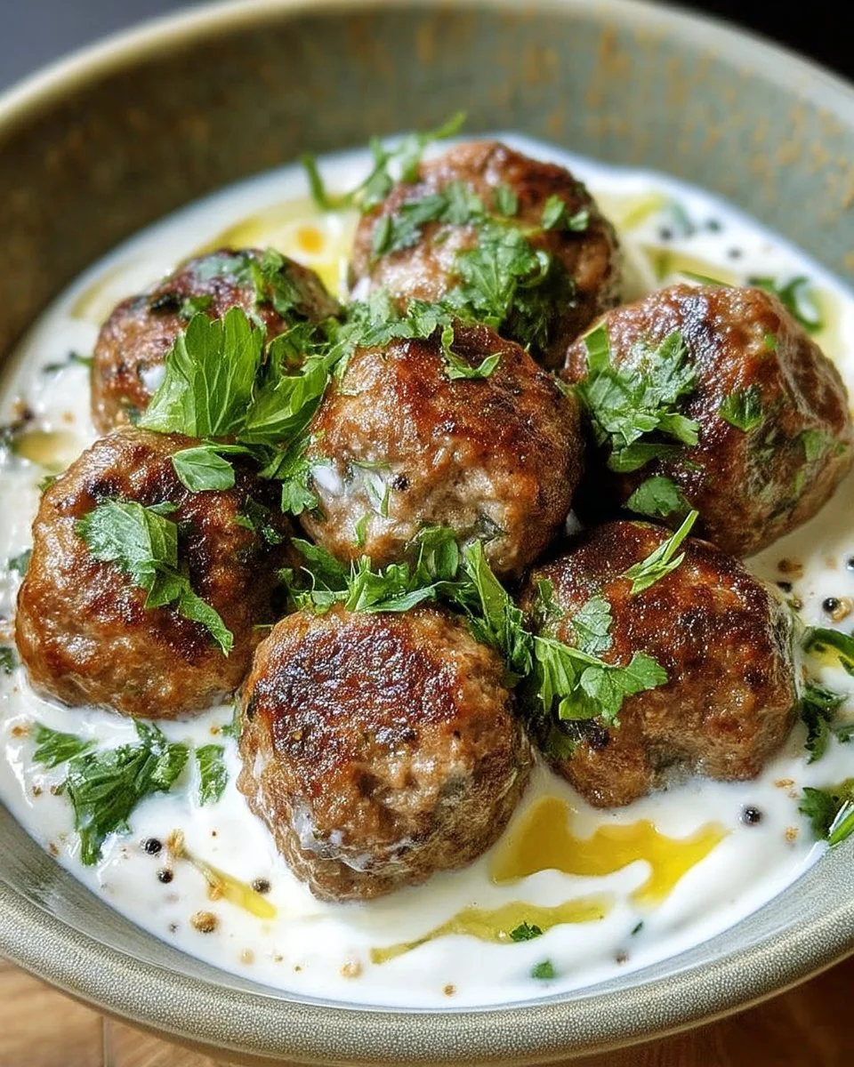 Boulettes de bœuf et d’agneau avec sauce au yaourt sur assiette