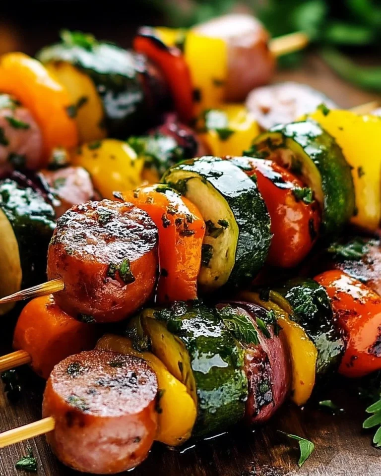Brochette de légumes colorés avec des saucisses fumées grillées sur le gril.