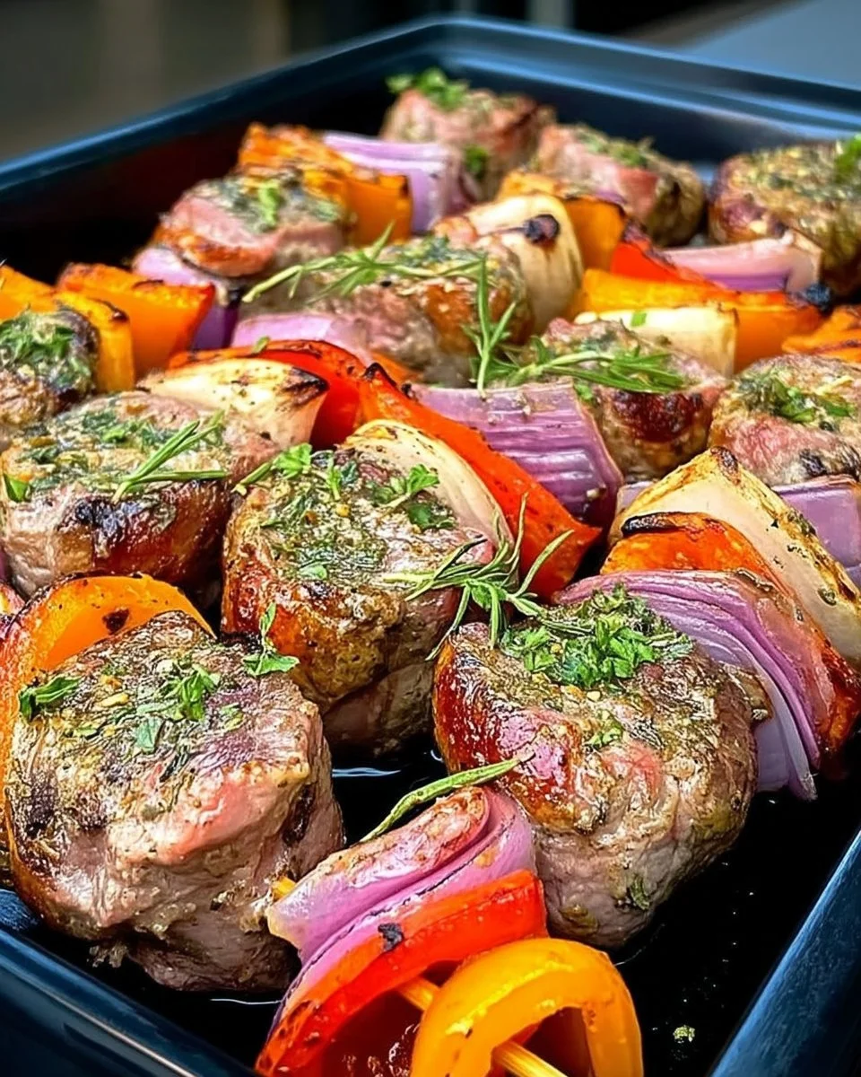 Brochettes d'agneau grillées avec herbes et légumes colorés