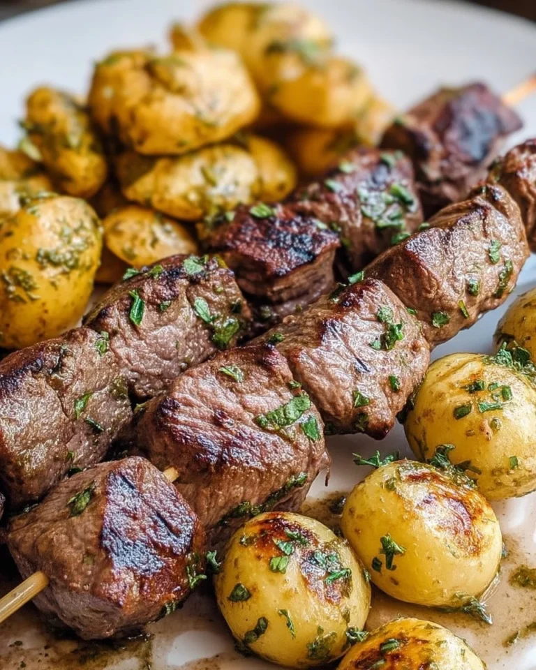 Brochettes d'agneau grillées accompagnées de pommes de terre dorées aux herbes
