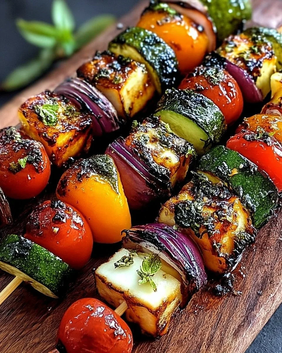 Brochettes de légumes au halloumi grillé prêtes à être servies.