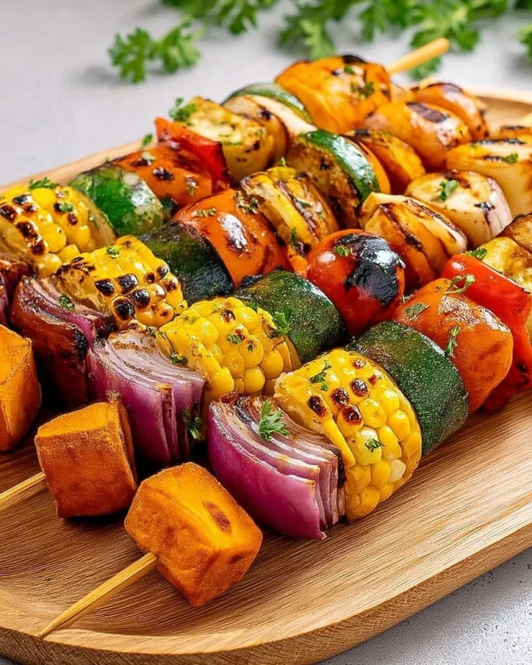 Brochettes de légumes colorées avec patates douces grillées sur le barbecue