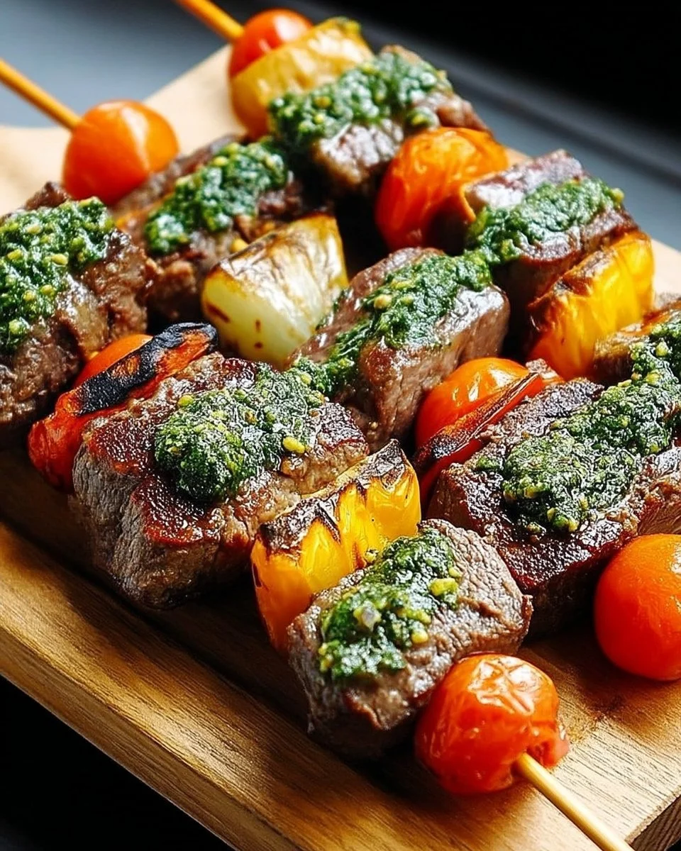 Brochettes d'agneau et légumes marinés avec pesto vert sur barbecue.