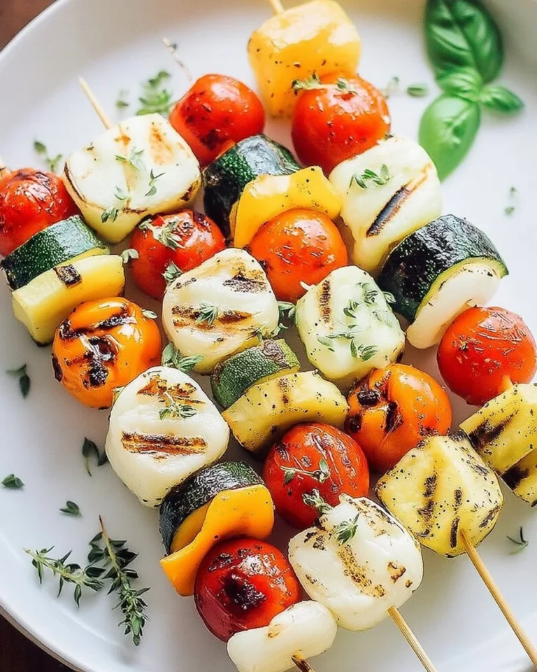 Brochettes de légumes grillés au fromage fondant sur une assiette