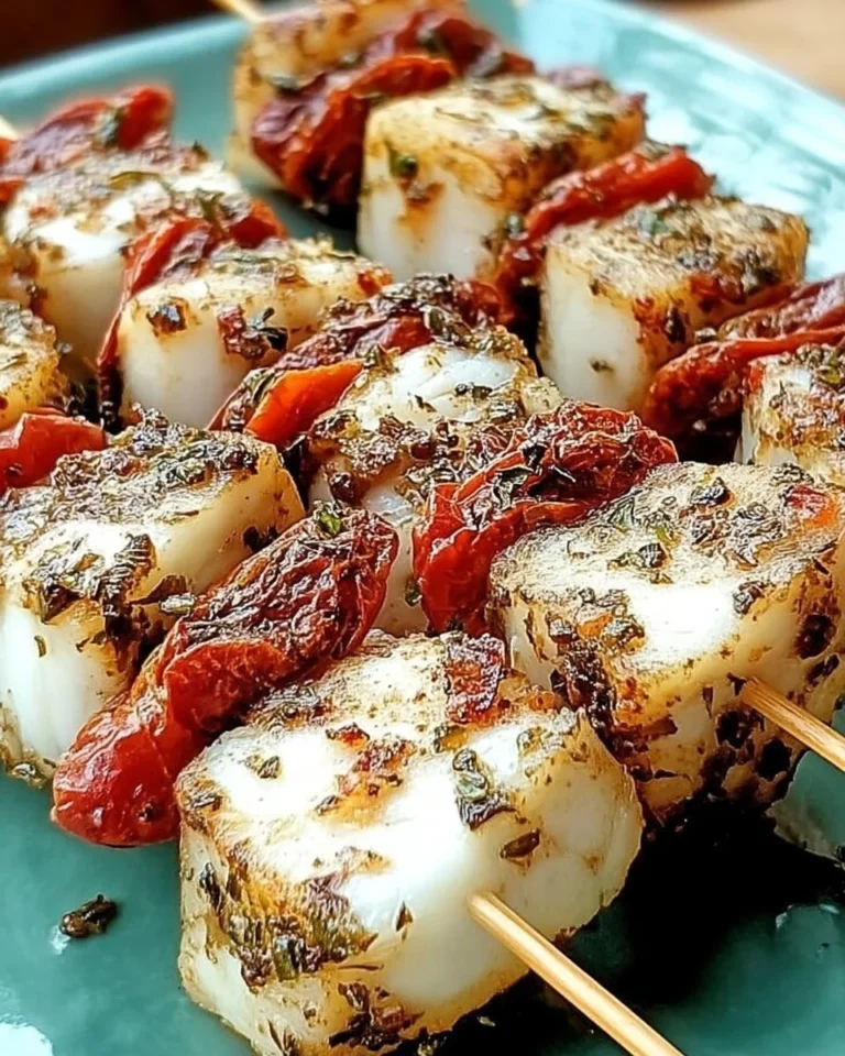 Brochettes de poisson aux herbes et tomates séchées prêtes à être servies.