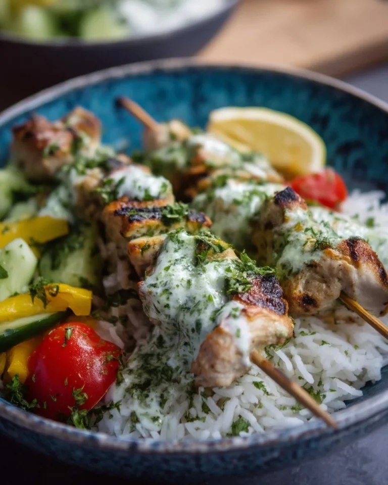Brochettes de poulet à la sauce aux herbes accompagnées de riz basmati