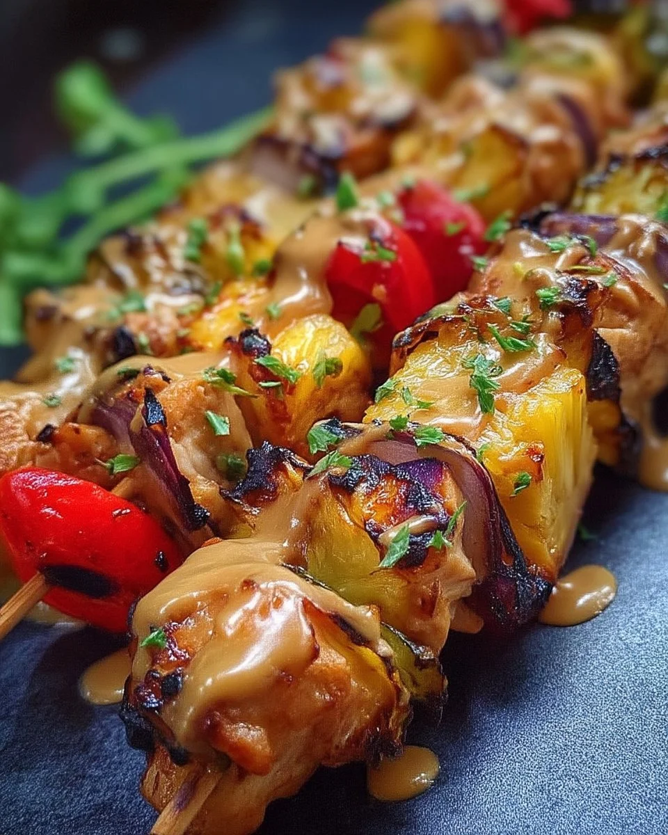 Brochettes de poulet avec ananas et arachides prêtes à être dégustées
