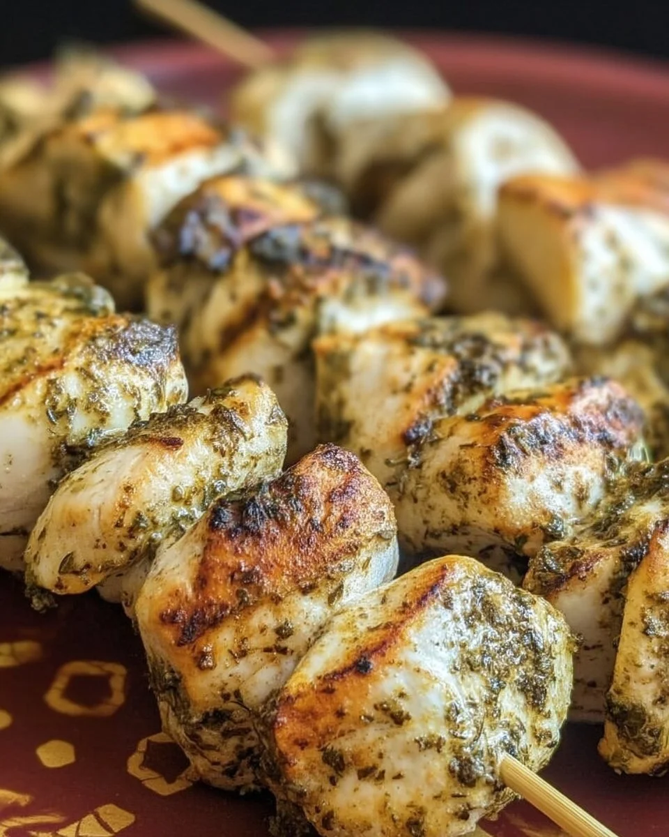 Brochettes de poulet mariné au citron et aux herbes prêtes à être servies.