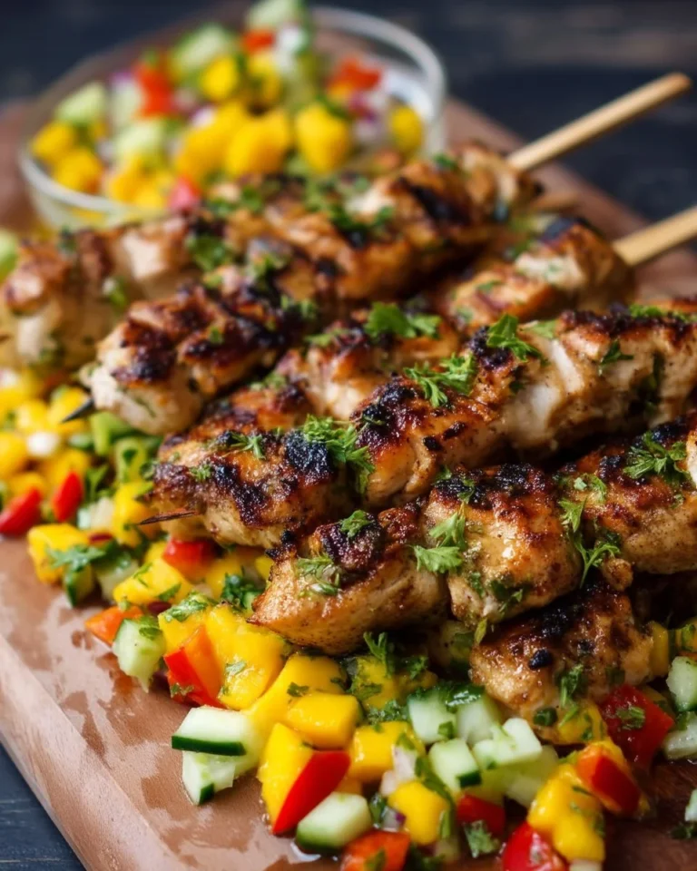 Brochettes de poulet grillées avec salsa de mangue BBQ sur une assiette