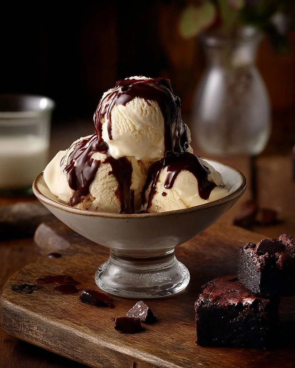Brownies moelleux avec glace vanille et sauce chocolat