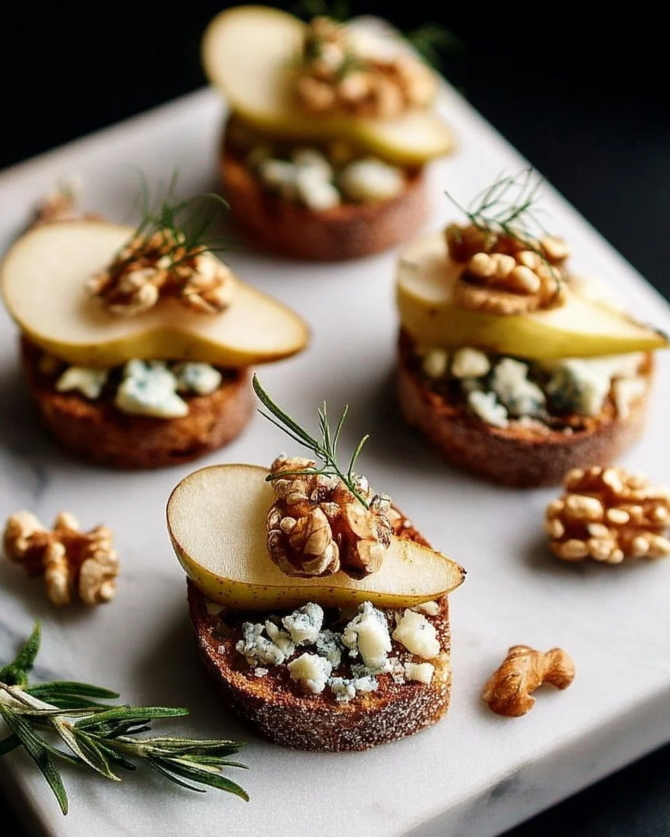 Canapés au fromage bleu garnis de poire et noix présentés sur un plat.