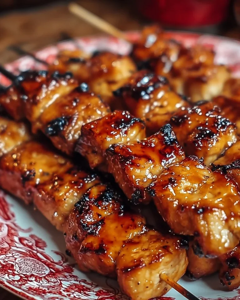 Brochettes de poulet caramélisé prêtes à servir sur une assiette élégante.