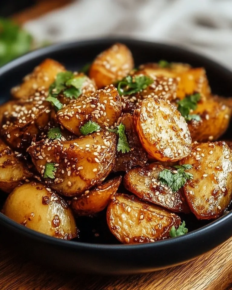Pommes de terre caramélisées avec soja, gingembre et sésame dans une assiette