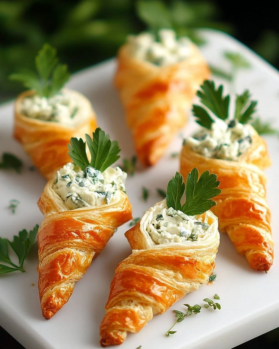 Carottes feuilletées farcies au fromage frais et herbes présentées dans une assiette