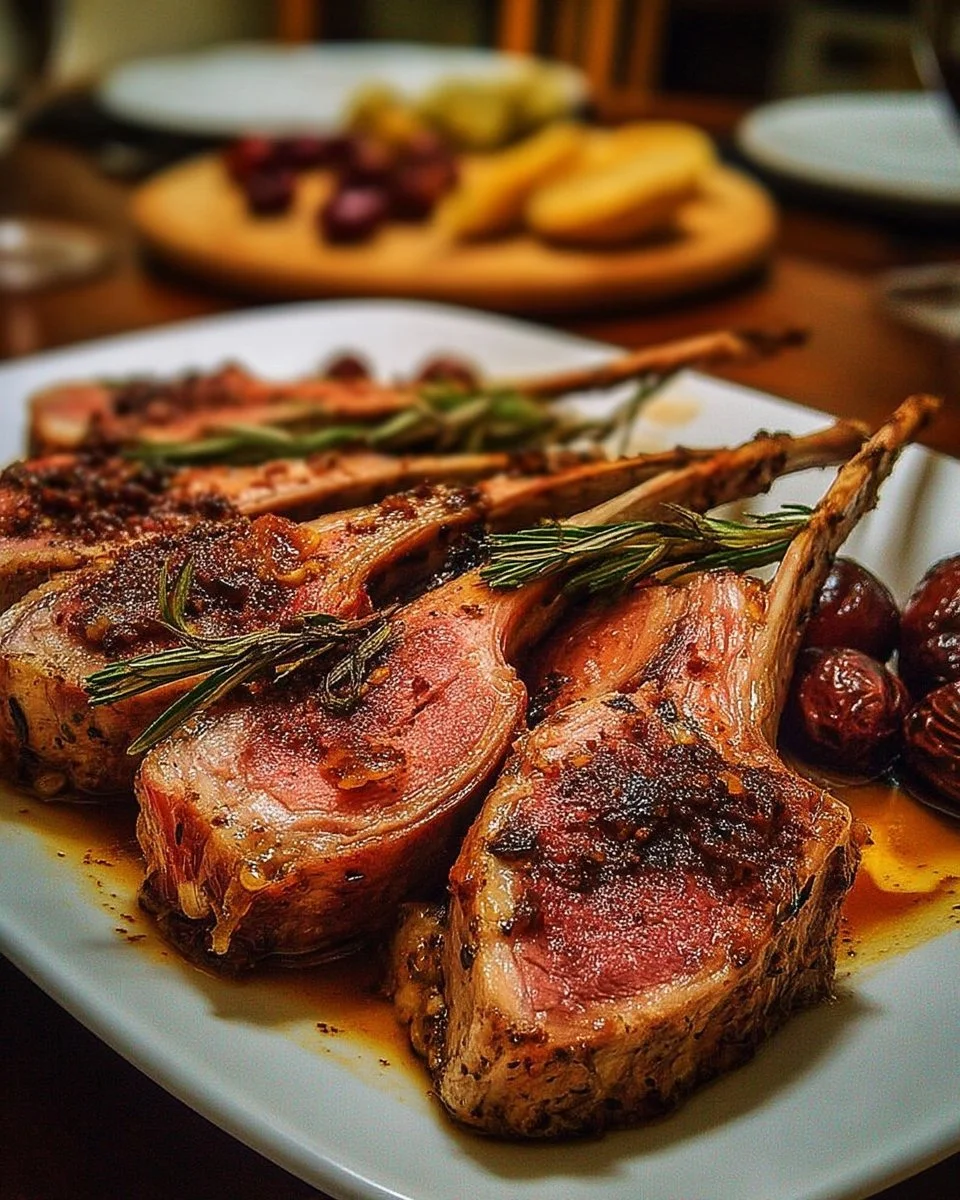 Carré d'agneau rôti au miel et romarin, plat succulent garni d'épices